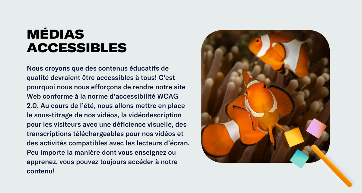 Médias accessibles Nous croyons que des contenus éducatifs de qualité devraient être accessibles à tous! C’est pourquoi nous nous efforçons de rendre notre site Web conforme à la norme d’accessibilité WCAG 2.0. Au cours de l’été, nous allons mettre en place le sous-titrage de nos vidéos, la vidéodescription pour les visiteurs avec une déficience visuelle, des transcriptions téléchargeables pour nos vidéos et des activités compatibles avec les lecteurs d’écran. Peu importe la manière dont vous enseignez ou apprenez, vous pouvez toujours accéder à notre contenu!
