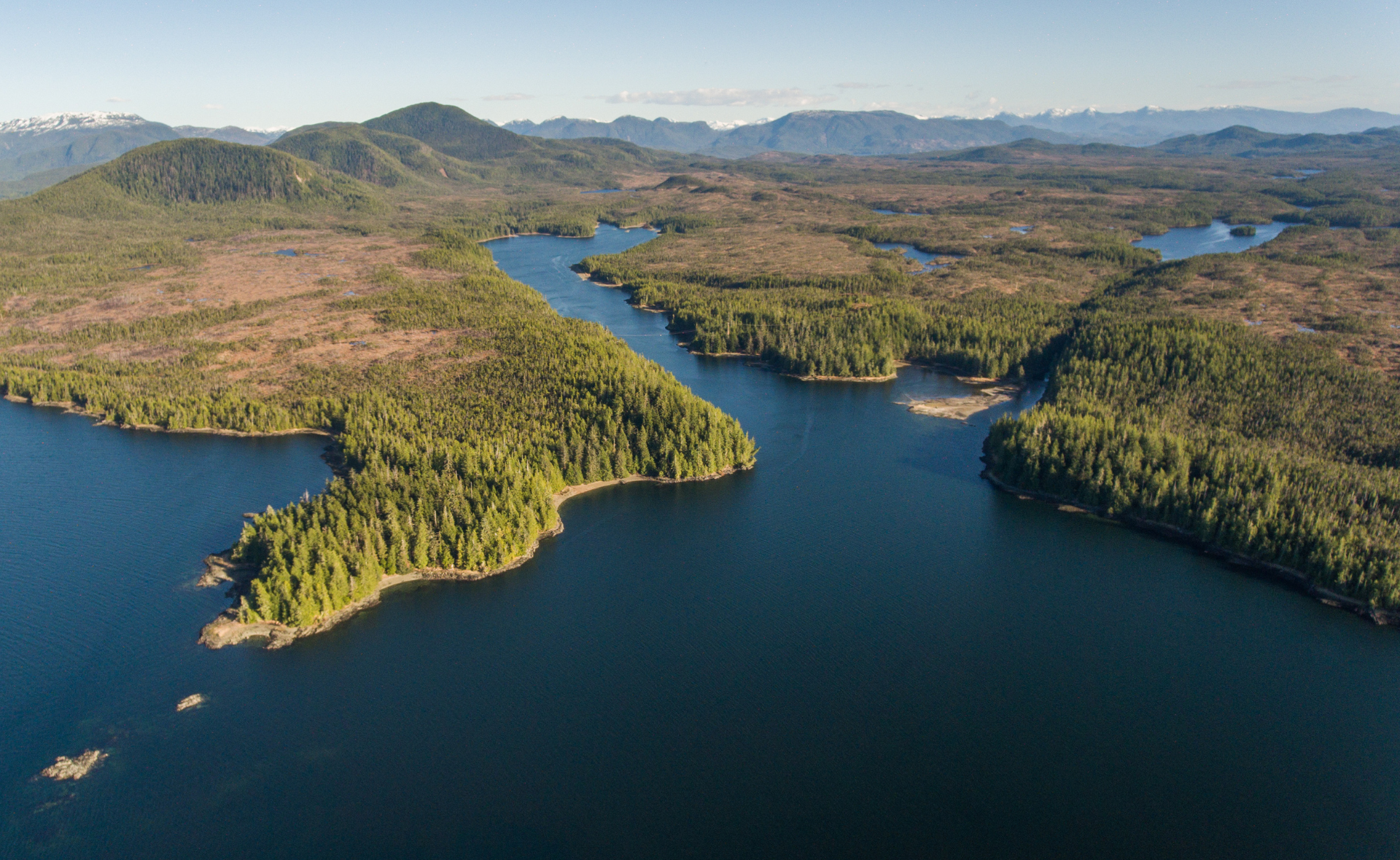 Image of the Heiltsuk Nation. A forested coastline littered with inlets on a beautiful sunny day, with mountains in the background.