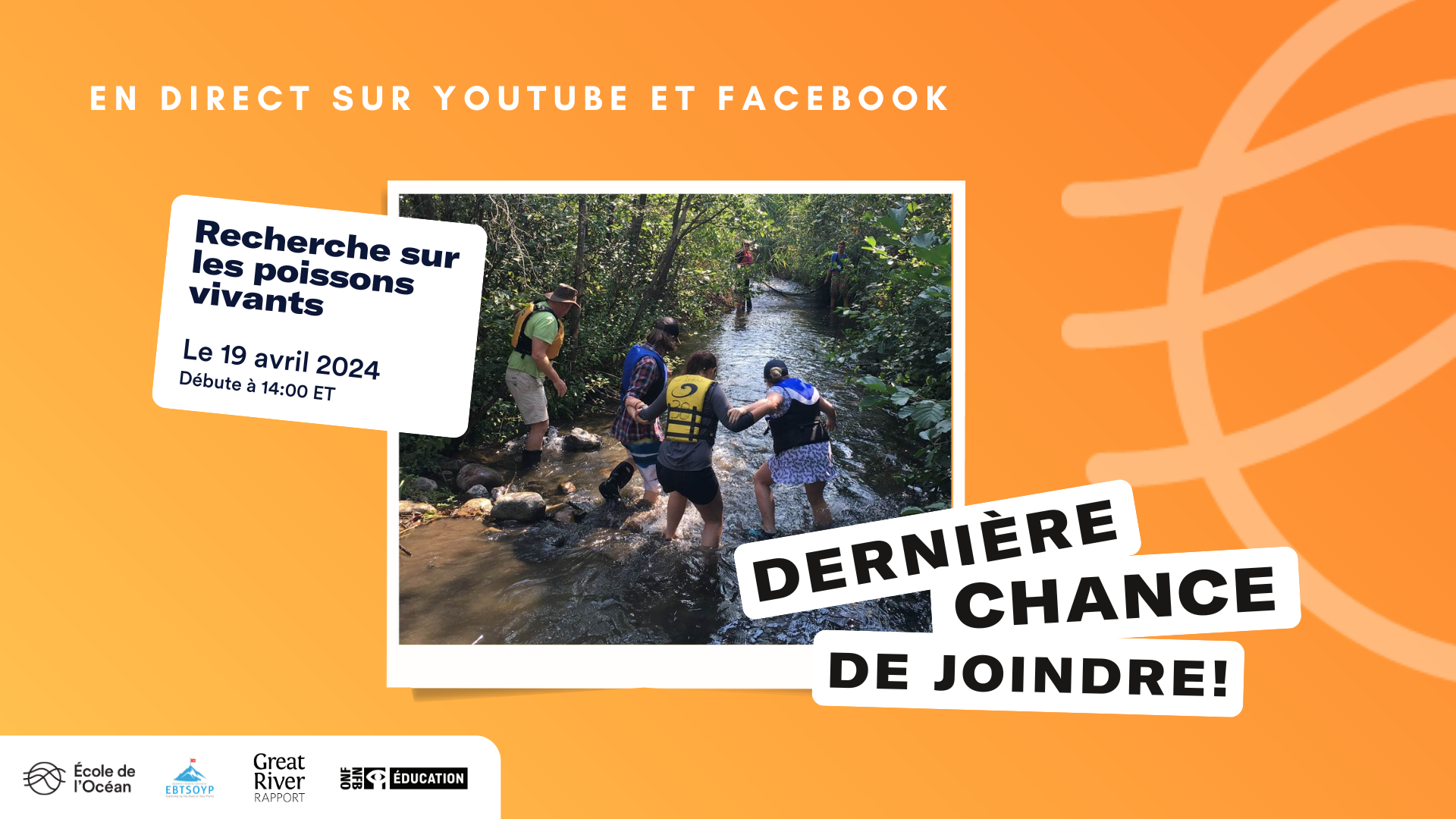 Quatre personnes portant un gilet de sauvetage se tiennent les bras en descendant dans le ruisseau vers un filet qui est tenu par deux autres personnes. Le texte sur le côté de la photo se lit comme suit: en direct sur Youtube et Facebook. Recherche sur les poissons vivants avec le River Institute. Le 19 avril 2024. Débute à 14:00 l’heure de l’Est. Dernière chance de joindre!