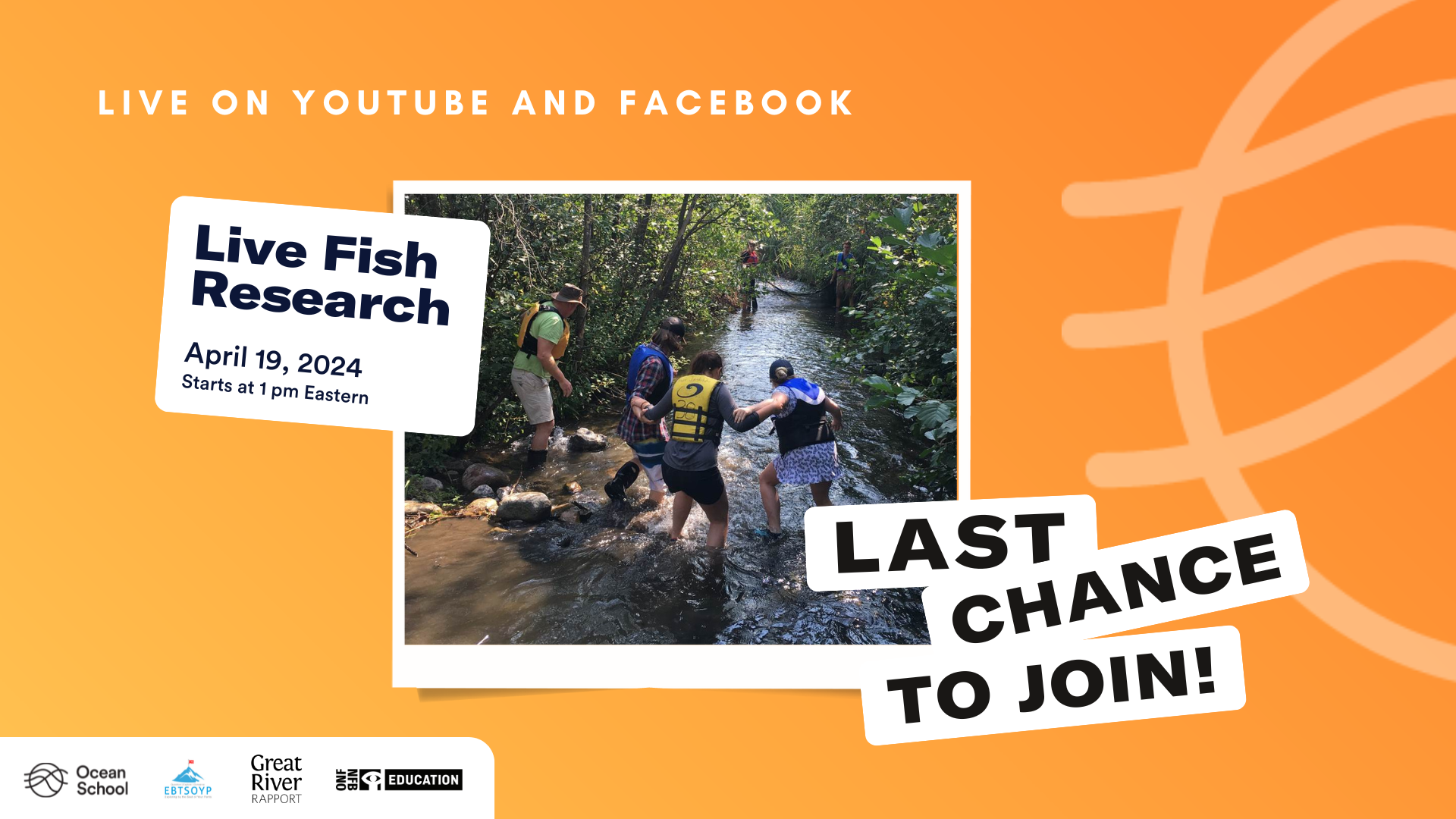 Four people with lifejackets on are wading down a creek towards a net held by two other people. Three of the people have their arms linked. Text beside the photo reads: “Live on Youtube and Facebook. Live Fish Research. April 19, 2024. Starts at 1pm Eastern. Last chance to join!”