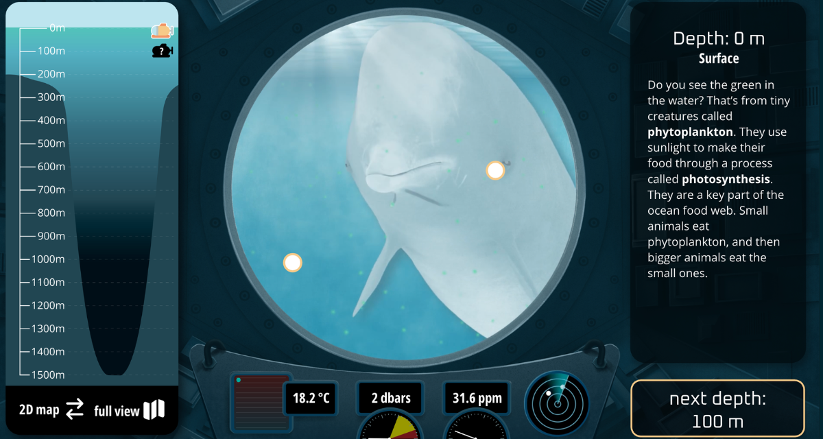 Vue depuis un sous-marin à la surface : une baleine à bec commune passe devant le hublot circulaire, avec des panneaux indiquant la profondeur (0 m) et les conditions de l’eau.