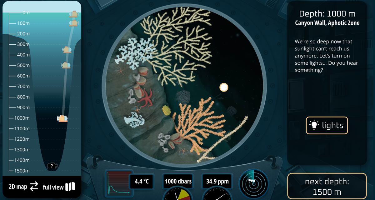 Vue depuis un sous-marin à 1000 m de profondeur : paroi du canyon couverte de coraux dans l’obscurité, éclairée par les lumières du submersible, avec des données sur les conditions des grands fonds.