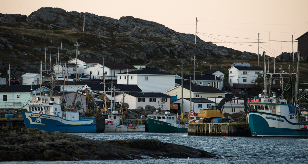 Image of a coastal village on Fogo Island in Newfoundland where fishing boats are moored near houses.