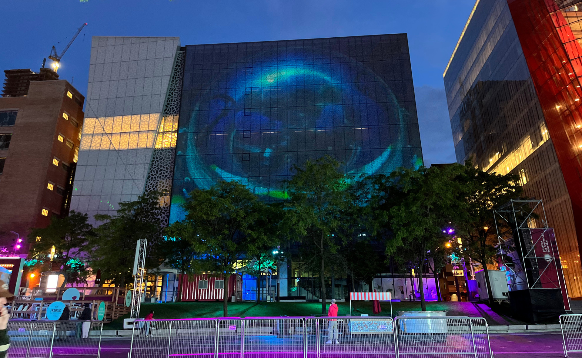 Photo of the Ocean School video projections on the Wilder building in Montreal's Quartier des Spectacles.