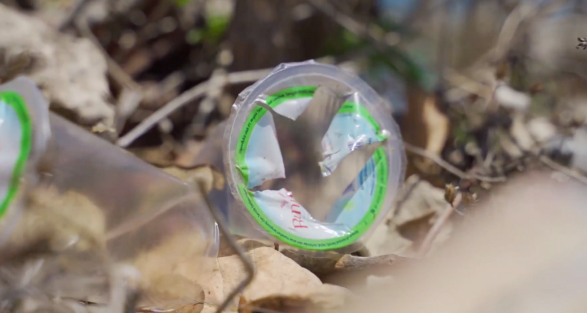 A plastic glass lies on a floor covered with dead leaves.