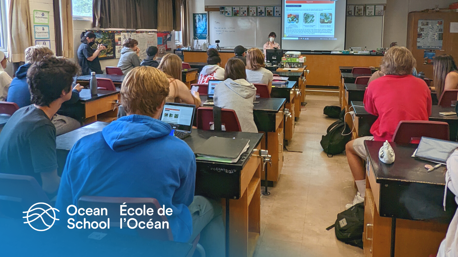 A teacher gives a lesson in front of a classroom of teenagers. On a projector screen at the front of the classroom, an Ocean School activity is shown.