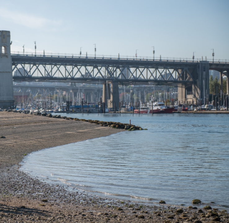 Image of a river passing under a bridge in an industrial area of British Columbia. A beach borders the river on the left.