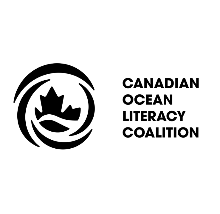 The Canadian Ocean Literacy Coalition logo. On the left is a graphic showing a maple leaf wrapped in waves. On the right is  the name of the organization written in capital letters.