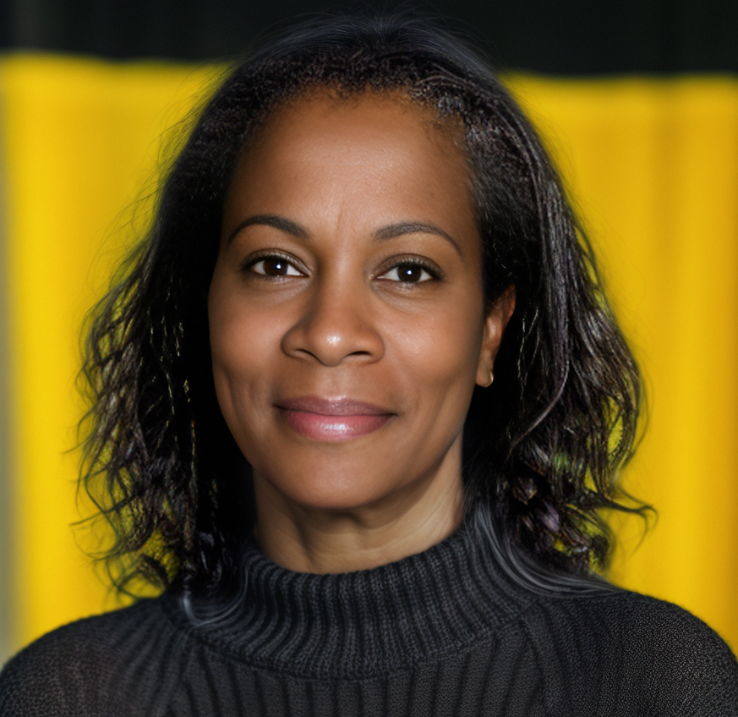 Headshot of a woman smiling at the camera. She is wearing a black turtleneck and standing in front of a yellow background.