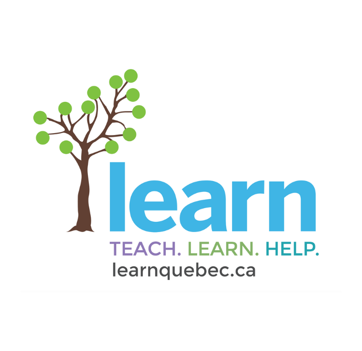 Le logo de LEARN Quebec. À droite, un dessin d'un arbre. À gauche, le texte suivant: "learn. Teach. Learn. Help. learnquebec.ca"