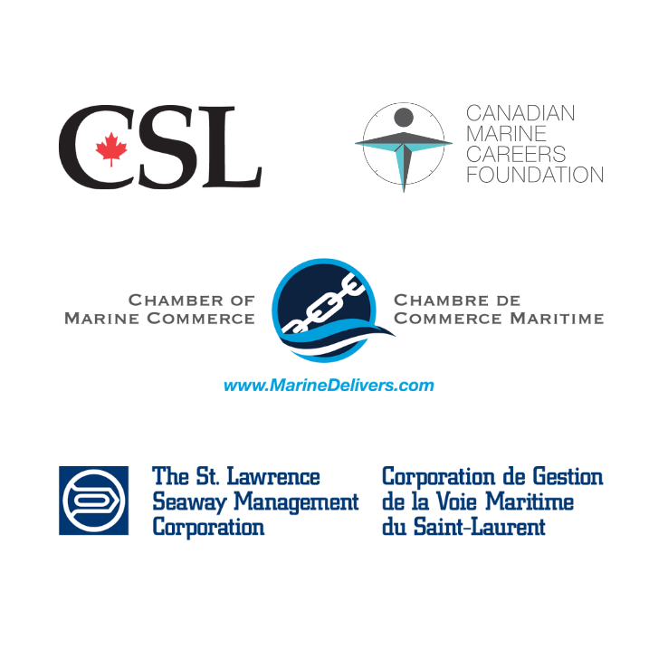 Multiple logos arranged on a white background. Logos for: the CSL Group, the Chamber of Marine Commerce, the Canadian Marine Careers Foundation, and the St. Lawrence Seaway Management Corporation.