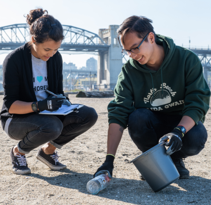 Two people participating in a shoreline cleanup.