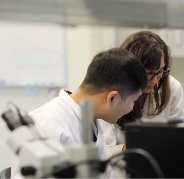 Chelsea Rochman et un élève examinent un microscope dans un laboratoire.