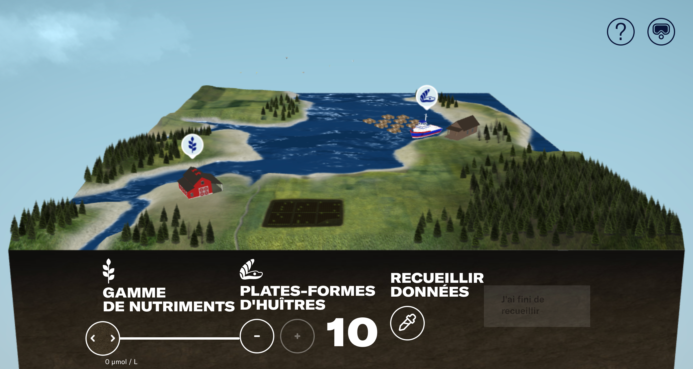 Capture d’écran de l’expérience de réalité virtuelle « Équilibrer la baie », qui montre le panneau de commande où vous pouvez modifier la quantité de nutriments utilisés dans la ferme agricole et le nombre de plateformes d'huitres dans la ferme ostréicole pour changer ce que vous voyez dans l’environnement sous-marin.