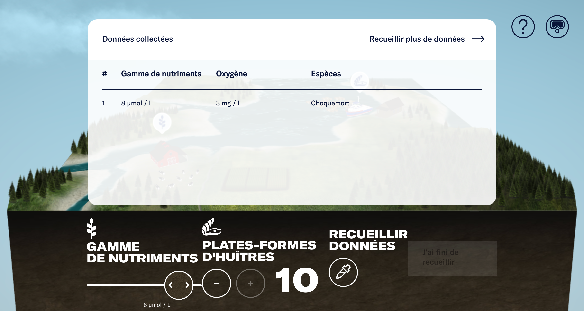 Capture d’écran de l’expérience de réalité virtuelle « Équilibrer la baie » montrant les données qu’un élève a recueillies au cours de son expérience.
