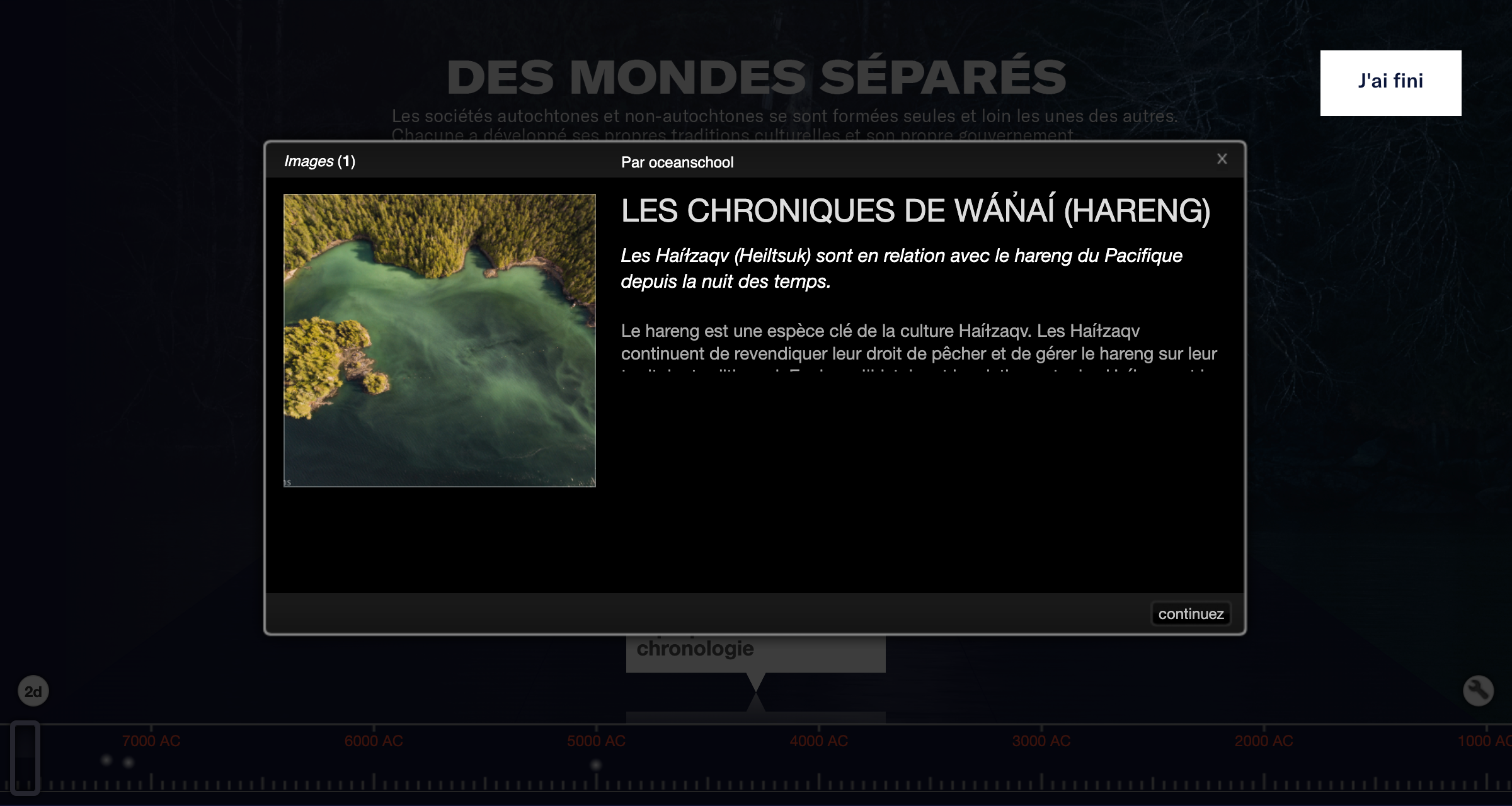 Capture d’écran de l’introduction de la ligne du temps interactive intitulée « Les Chroniques de Hareng », qui explore la relation entre le peuple Heiltsuk et le hareng.