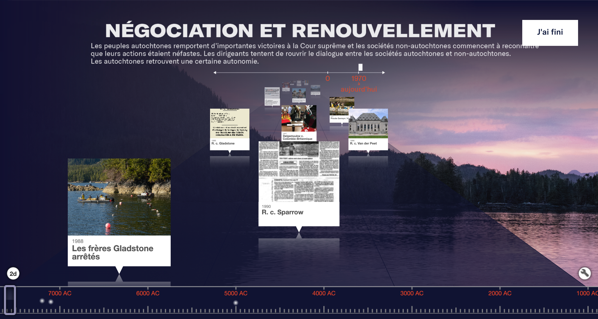 Capture d’écran du thème « Négociations et renouvellements » de la ligne du temps interactive intitulée « Les Chroniques de Hareng » montrant des histoires nouvelles relatives aux droits de pêche des Heiltsuk.