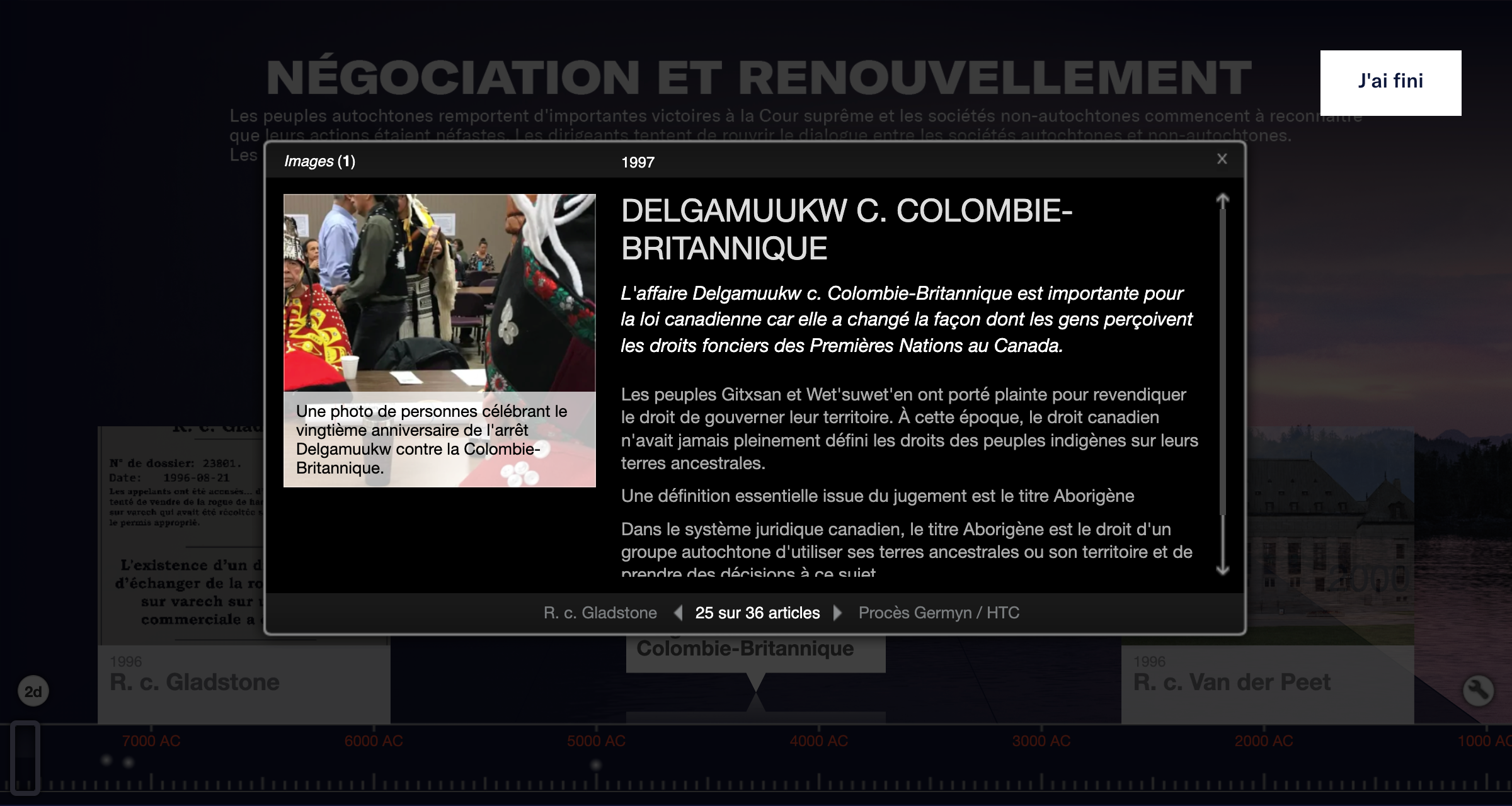 Capture d’écran de la ligne du temps interactive intitulée « Les Chroniques de Hareng » présentant une description de l’affaire juridique de 1997 "Delgamuukw c. Colombie-Britannique," qui a abouti à la définition de "titre autochtone" dans le droit canadien.