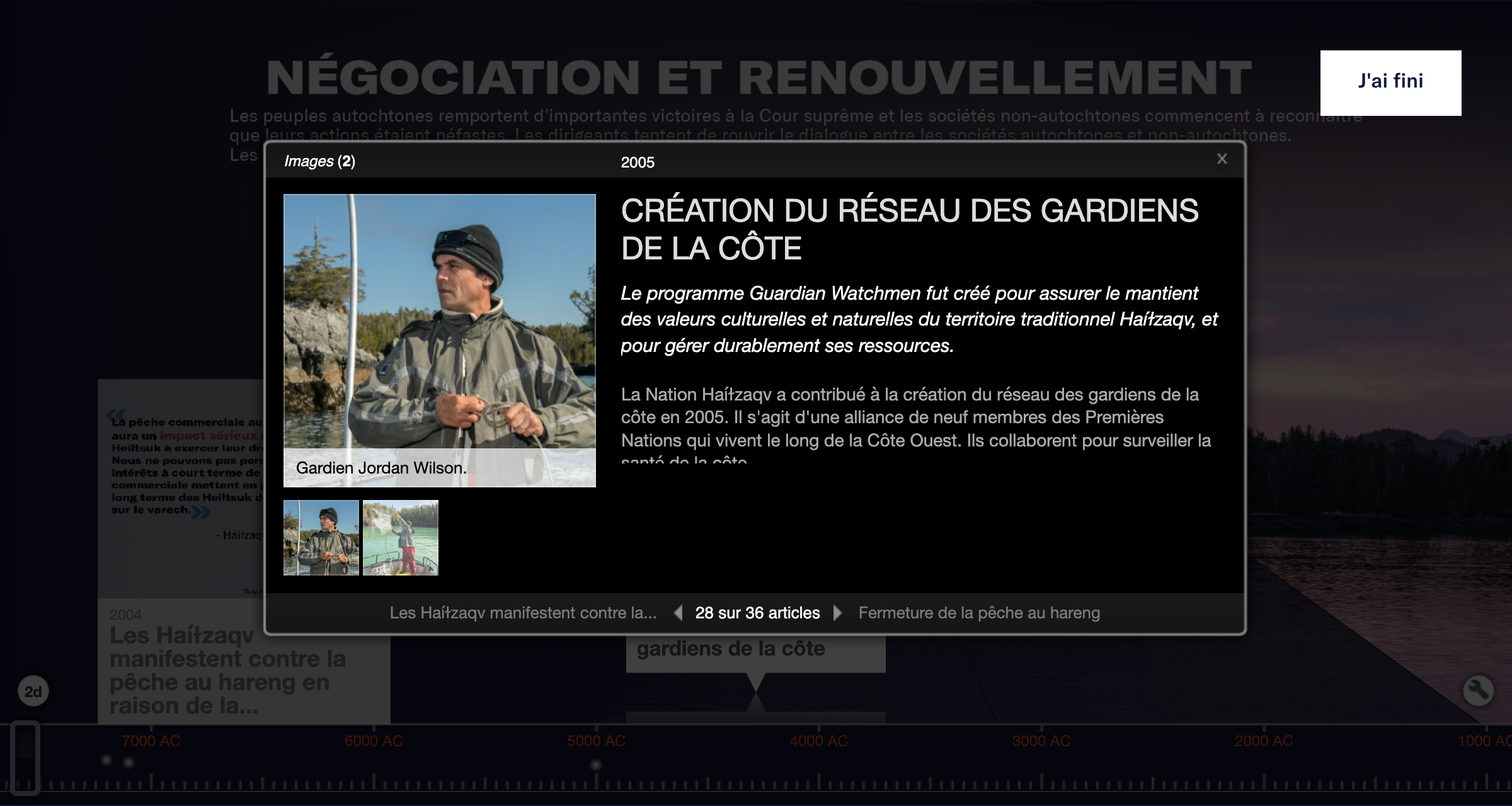 Capture d’écran de la ligne du temps interactive intitulée « Les Chroniques de Hareng » qui décrit comment l’organisation Coastal Guardian Watchman fut formée en 2005 et comporte une photo de Heiltsuk Guardian Watchman, Jordan Wilson.